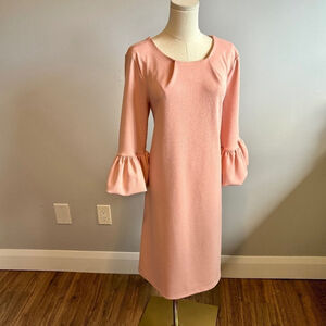 Nina Leonard, Woman's Blush Pink, Ruffled Sleeve, Pleated Midi Shift Dress, SZ M
